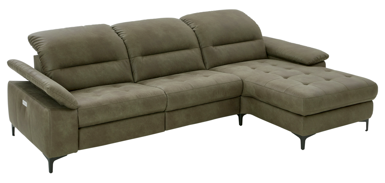 Bequeme Longchairkombination in Olivgrün mit verstellbaren Armlehnen und modernem Design, seitliche Perspektive.