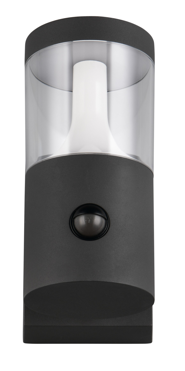 LED-Außenwandleuchte in schwarzem Gehäuse mit klarem Kunststoffschirm und integriertem Bewegungssensor, Frontalansicht