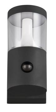 LED-Außenwandleuchte in schwarzem Gehäuse mit klarem Kunststoffschirm und integriertem Bewegungssensor, Frontalansicht