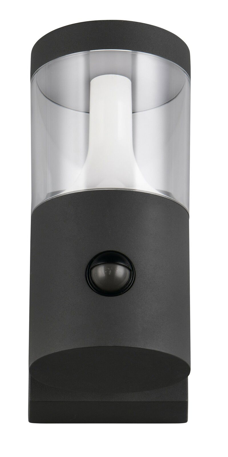 LED-Außenwandleuchte in schwarzem Gehäuse mit klarem Kunststoffschirm und integriertem Bewegungssensor, Frontalansicht