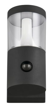 LED-Außenwandleuchte in schwarzem Gehäuse mit klarem Kunststoffschirm und integriertem Bewegungssensor, Frontalansicht
