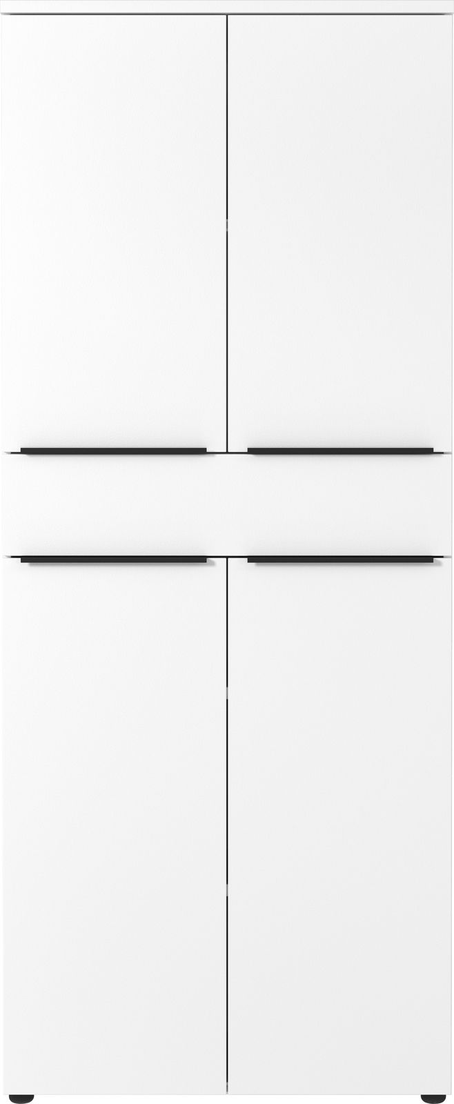 Moderner weißer Aktenschrank mit vier Türen und schwarzen Griffen, Frontalansicht