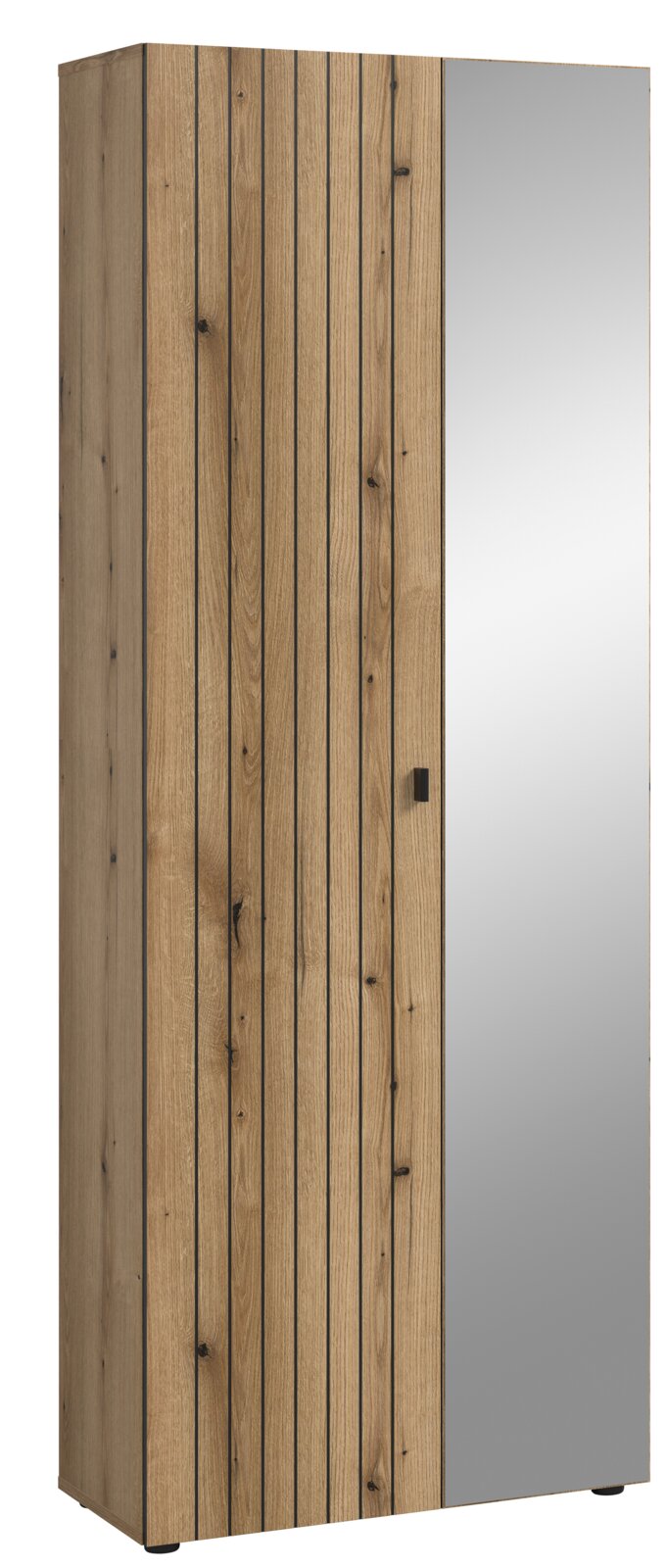 MID.YOU Garderobenschrank STATION Hoher Kleiderschrank in Holzoptik mit vertikaler Lamellenfront und großer Spiegeltür, schräg von vorne (3/4-Ansicht) freigestellt auf weißem Hintergrund