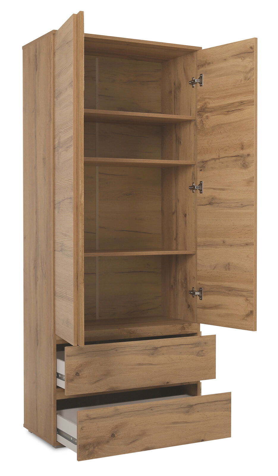 Mehrzweckschrank aus Holz mit geöffneter Tür und Schubladen, seitliche Perspektive