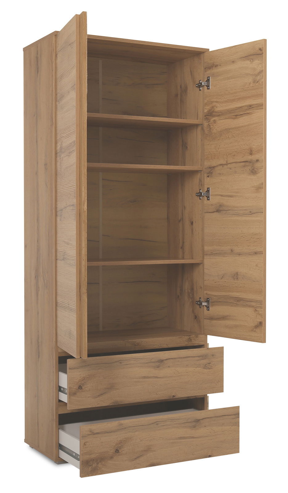 Mehrzweckschrank aus Holz mit geöffneter Tür und Schubladen, seitliche Perspektive