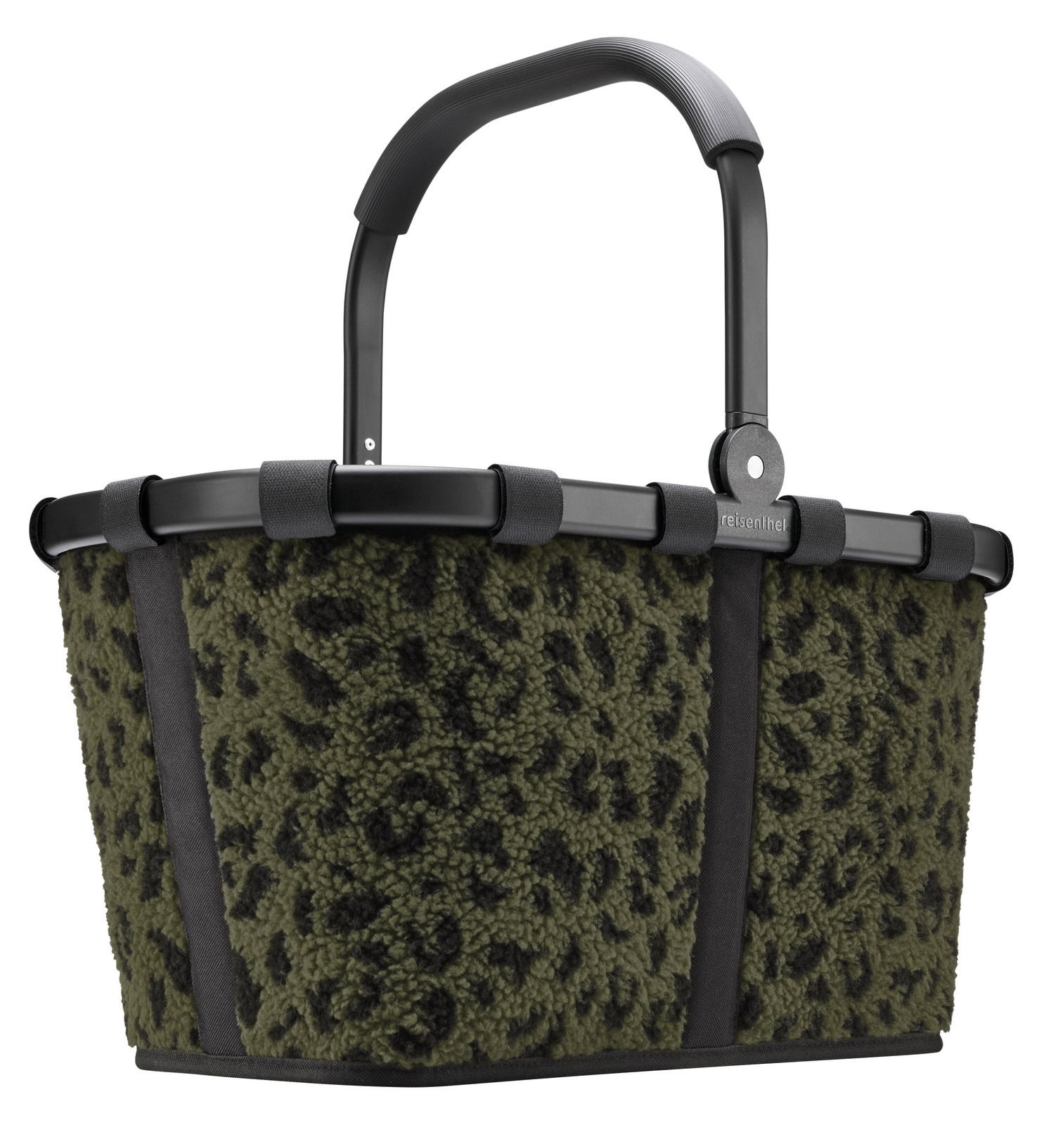 Reisenthel Carrybag Leo Olive TEDDY Tragetasche mit schwarzem Griff und grün-schwarzem Leopardenmuster, seitliche Perspektive