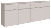 Modernes, griffloses Sideboard in Beige mit glatten Fronten und zwei Reihen Türen/Schubladen, perspektivische Ansicht schräg von vorne links