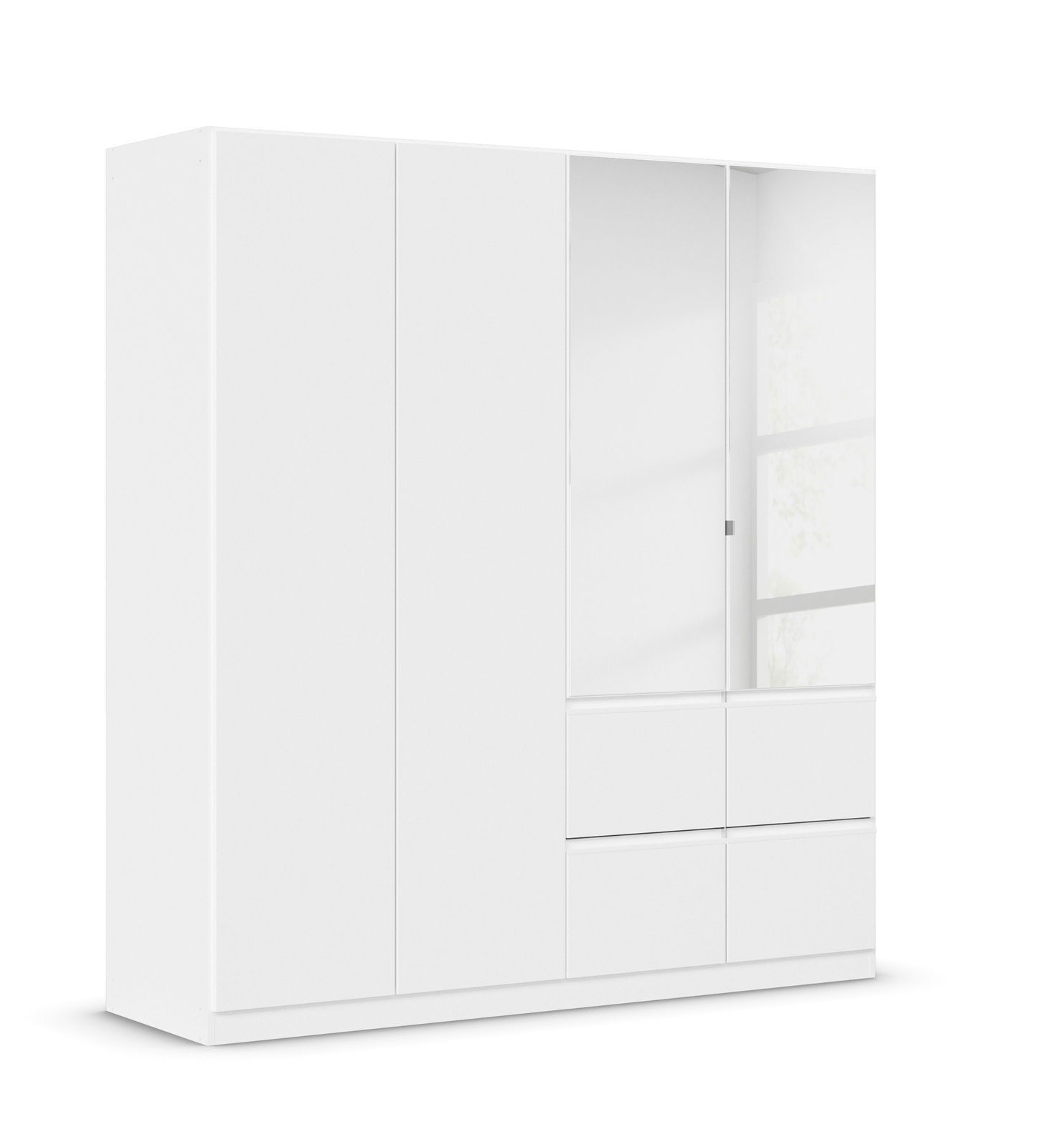 Weißer, vierteiliger Drehtürenschrank mit Schubladen, seitliche Perspektive