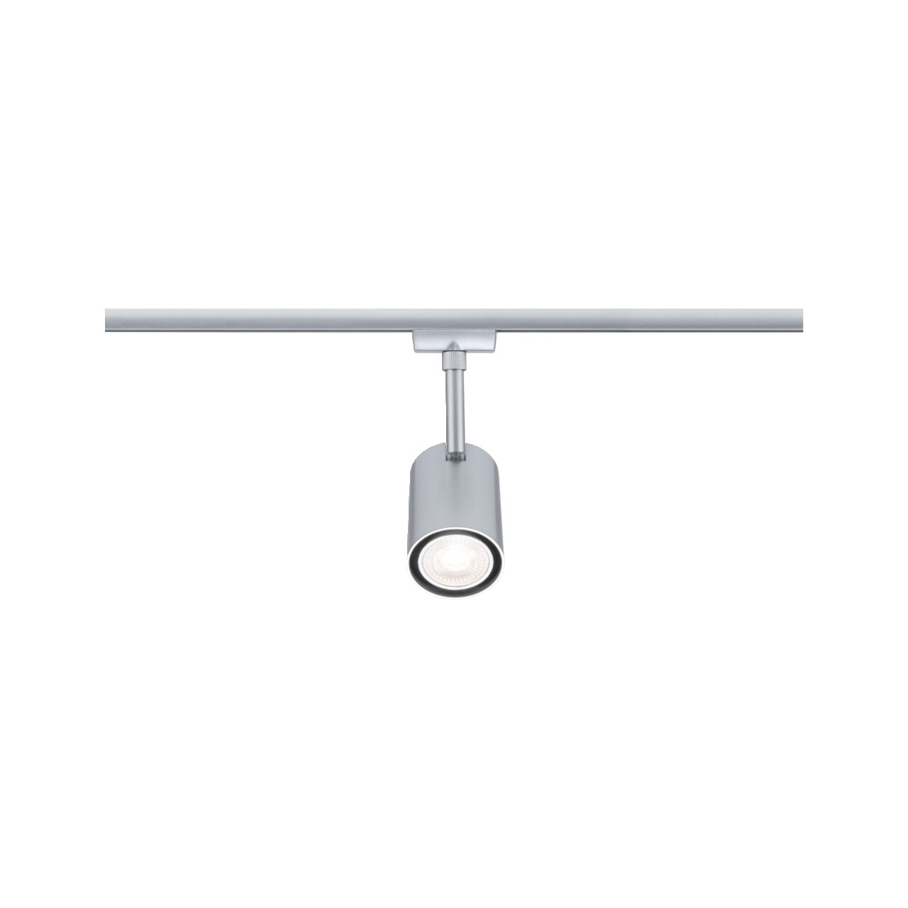 Silberner Schienenspot Luxe von PAULMANN, frontal auf einer URAIL-Schiene montiert.