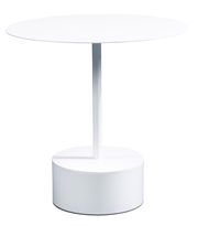Runder weißer Beistelltisch mit zentralem Standfuß, seitliche Perspektive