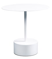Runder weißer Beistelltisch mit zentralem Standfuß, seitliche Perspektive