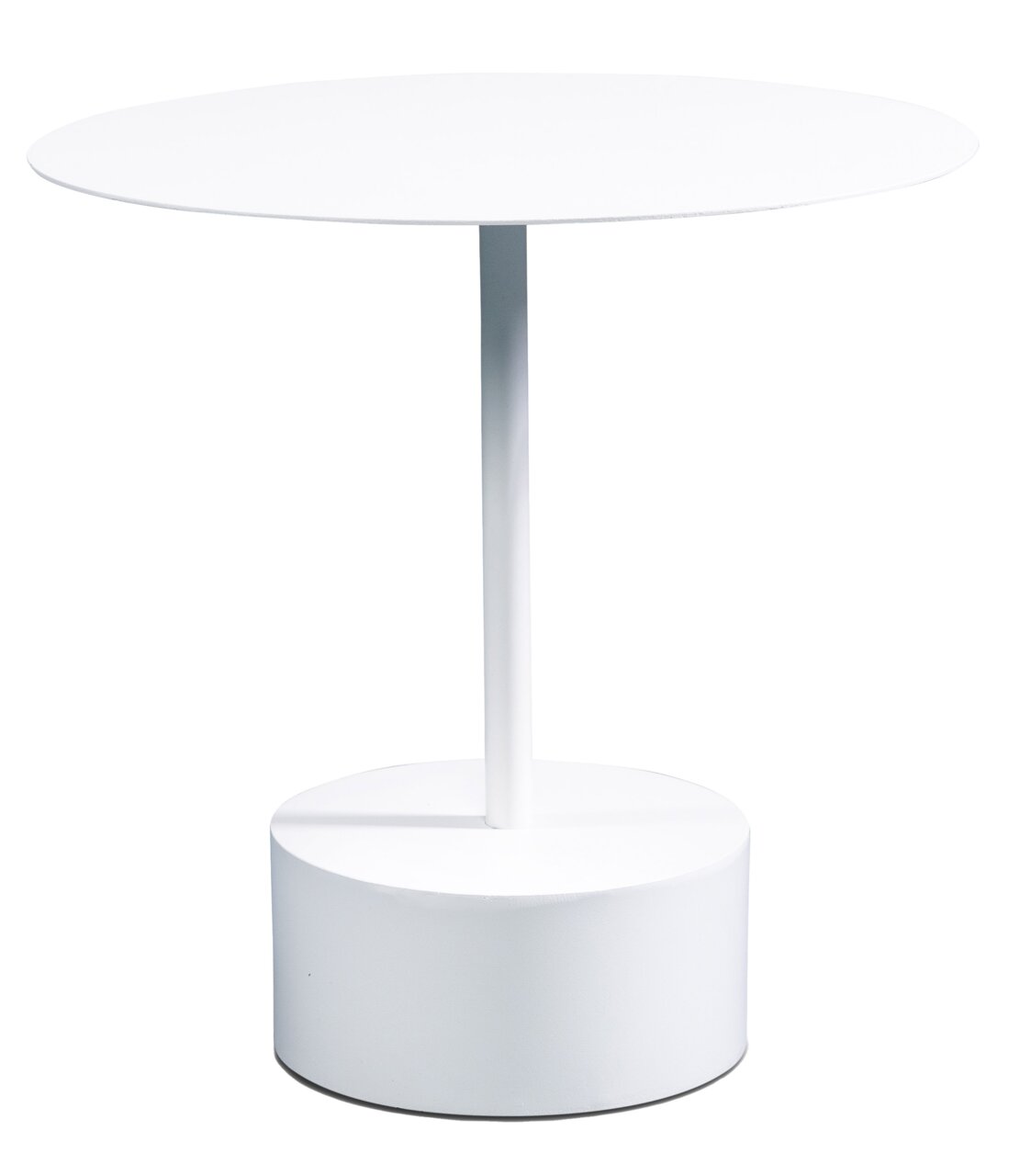 XORA Beistelltisch TEDDY Runder weißer Beistelltisch mit zentralem Standfuß, seitliche Perspektive