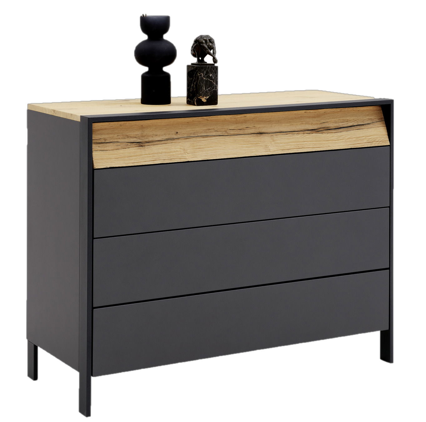 Moderne Kommode mit drei Schubladen in dunklem Grau und einer Holzoberfläche, dekoriert mit zwei schwarzen Vasen, seitliche Perspektive.