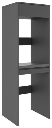 Doppel-Waschmaschinenschrank in dunklem Grau, perspektivisch von vorne links gesehen, mit zwei offenen Fächern und einer Schublade oben.
