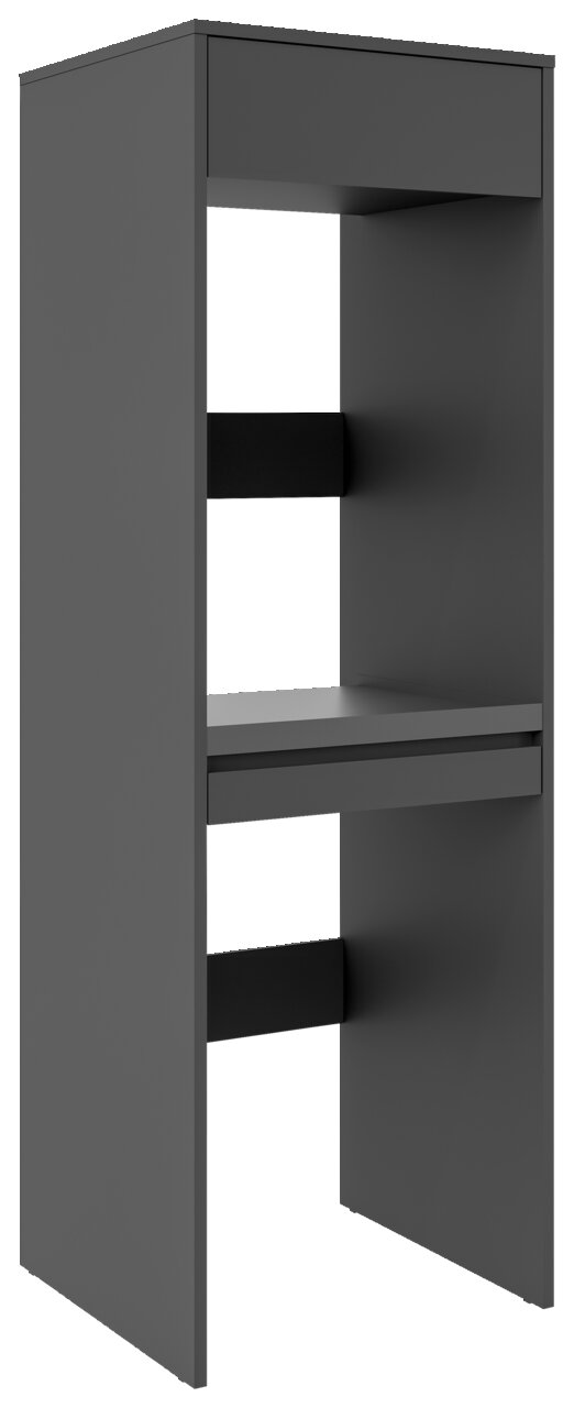 Doppel-Waschmaschinenschrank in dunklem Grau, perspektivisch von vorne links gesehen, mit zwei offenen Fächern und einer Schublade oben.