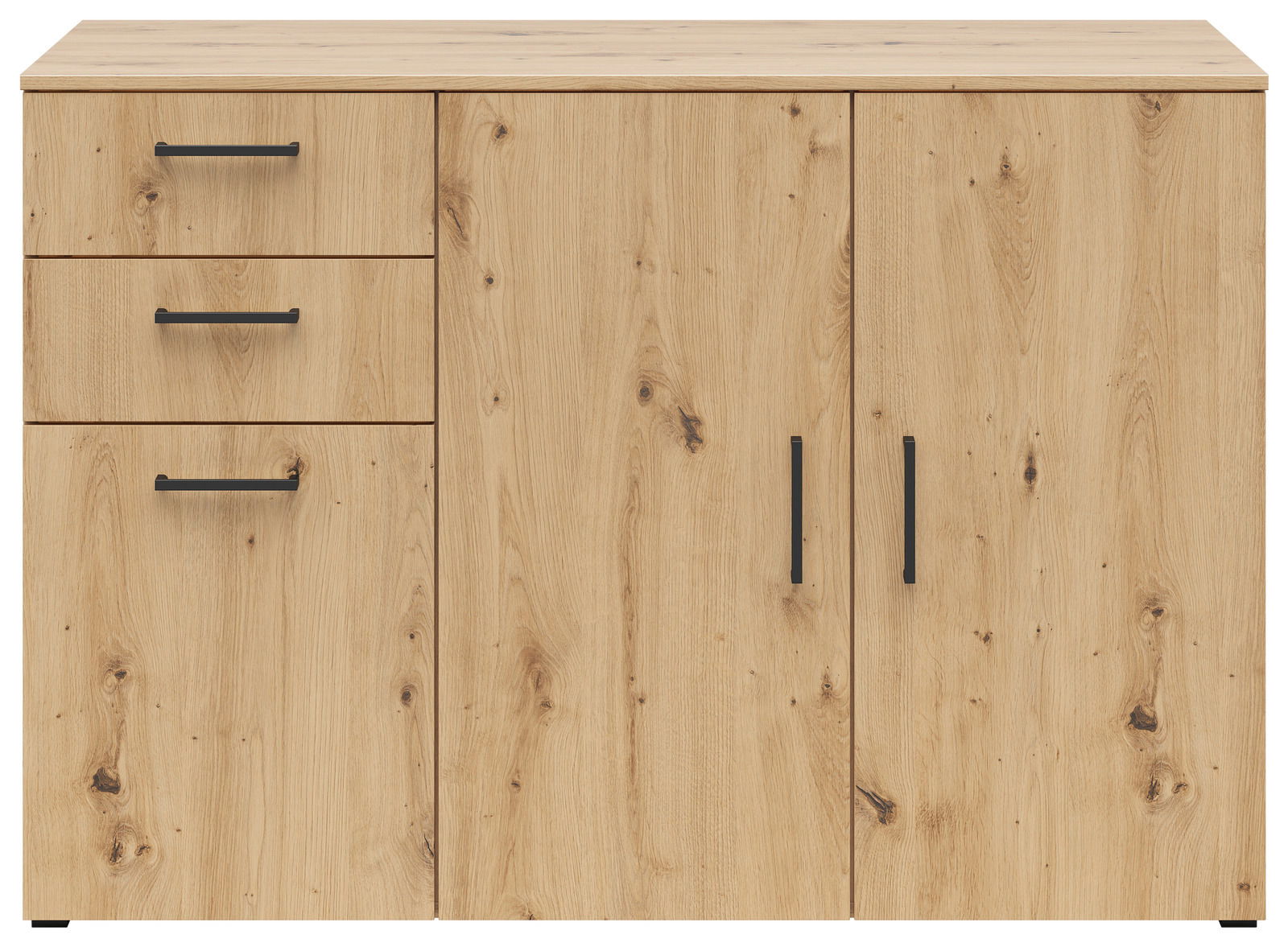 Kommode aus hellem Holz mit zwei Türen und drei Schubladen, Frontansicht