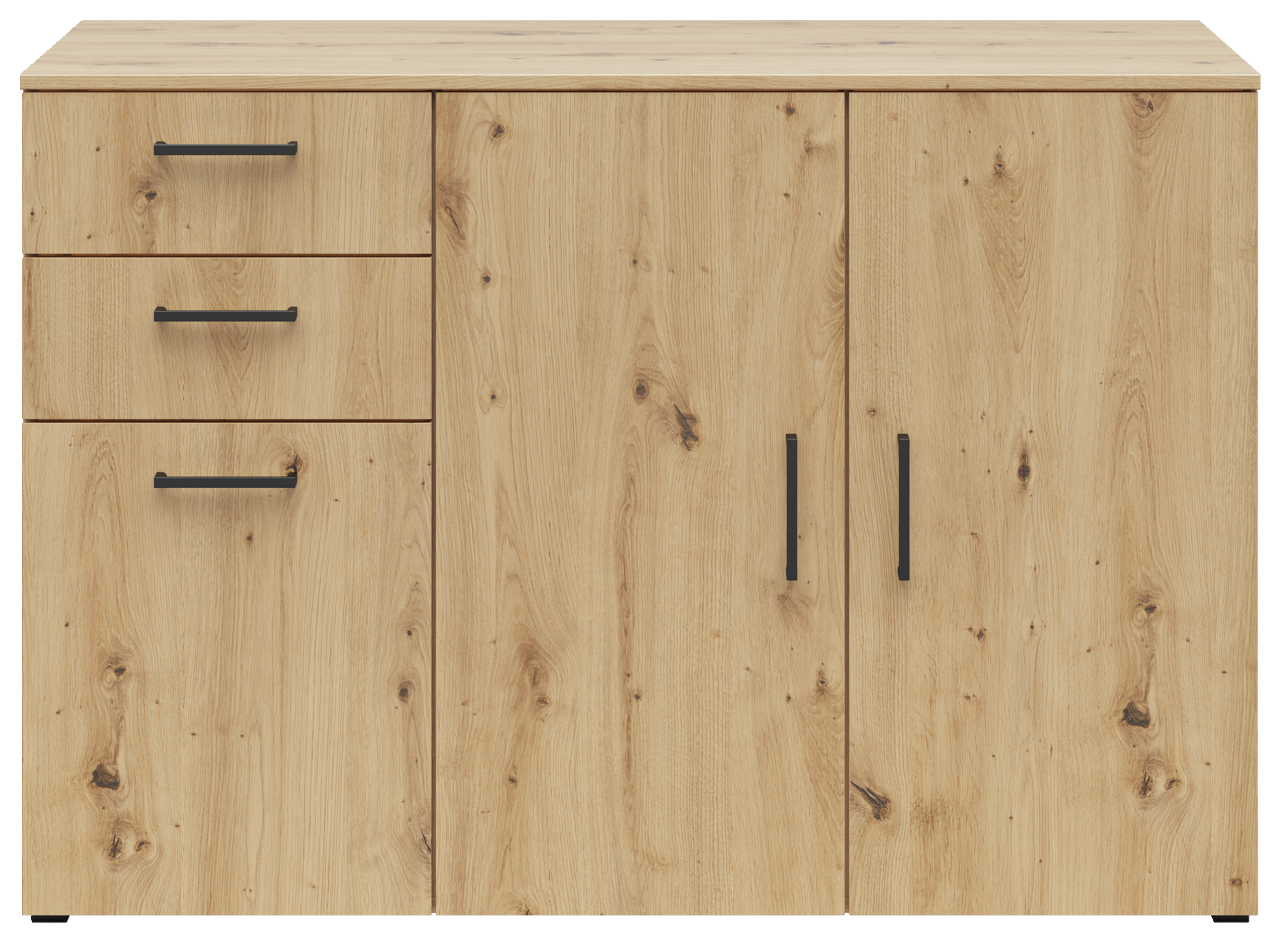 Kommode aus hellem Holz mit zwei Türen und drei Schubladen, Frontansicht
