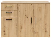 Kommode aus hellem Holz mit zwei Türen und drei Schubladen, Frontansicht