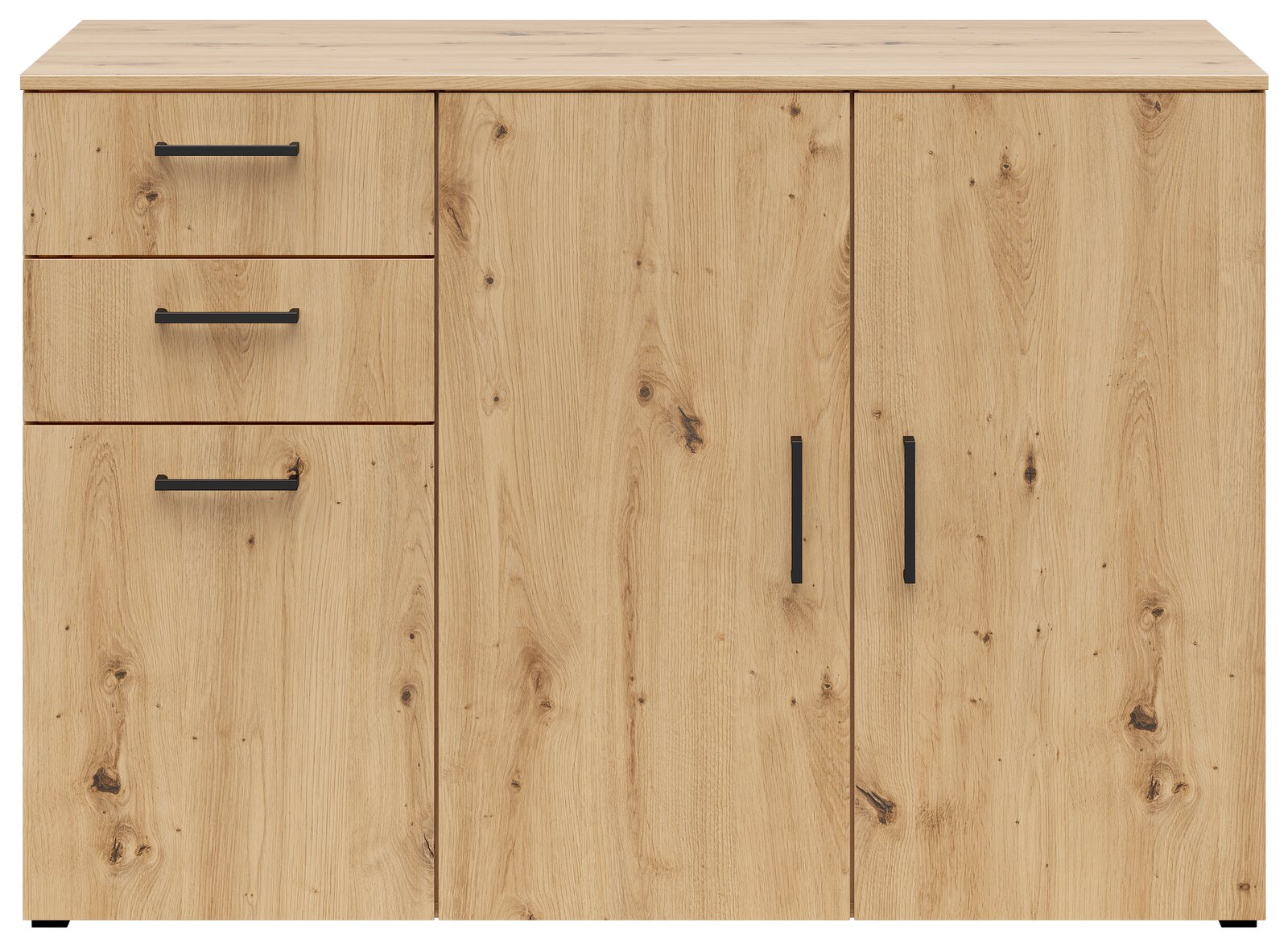 Kommode aus hellem Holz mit zwei Türen und drei Schubladen, Frontansicht