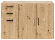 Kommode aus hellem Holz mit zwei Türen und drei Schubladen, Frontansicht