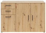 Kommode aus hellem Holz mit zwei Türen und drei Schubladen, Frontansicht