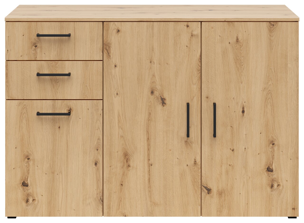 Commode van licht hout met twee deuren en drie lades, vooraanzicht