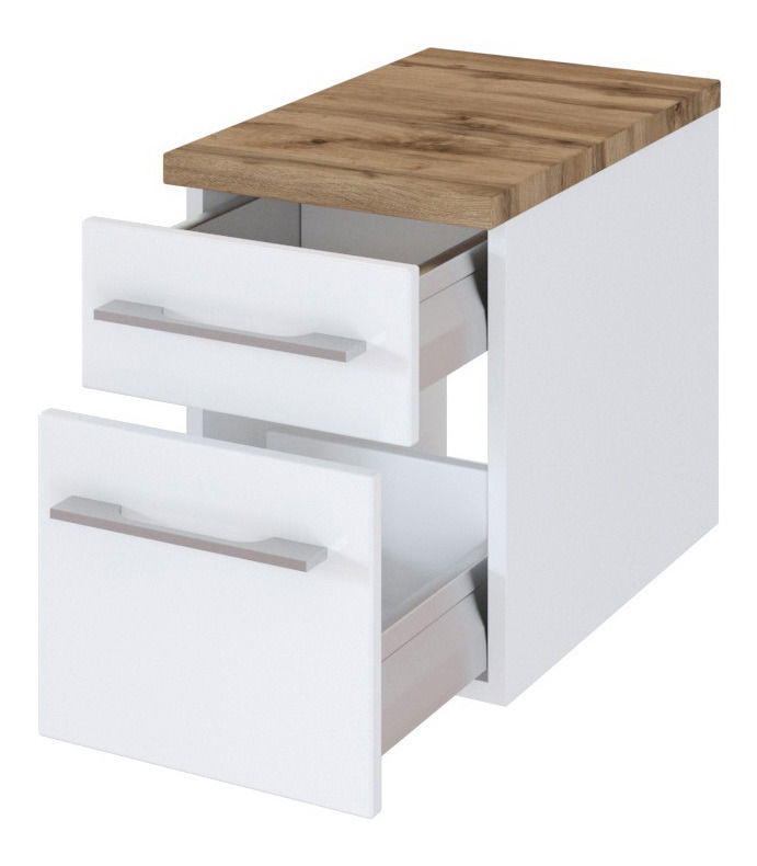Moderner Unterschrank mit zwei offenen Schubladen, weißem Korpus und Holzoberfläche, seitliche Perspektive