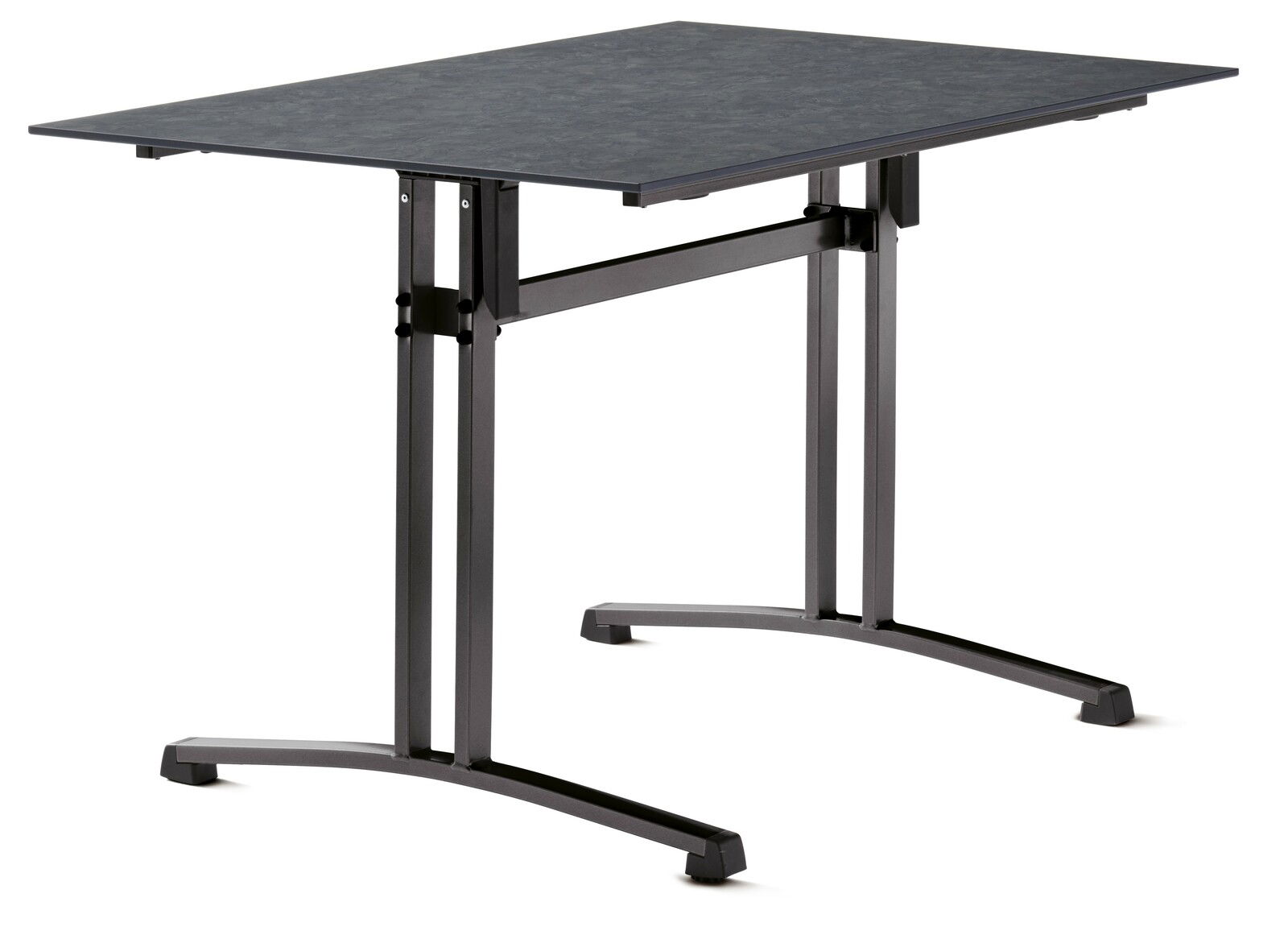 Moderner Gartentisch mit rechteckiger Tischplatte und stabilen Metallbeinen, seitliche Perspektive