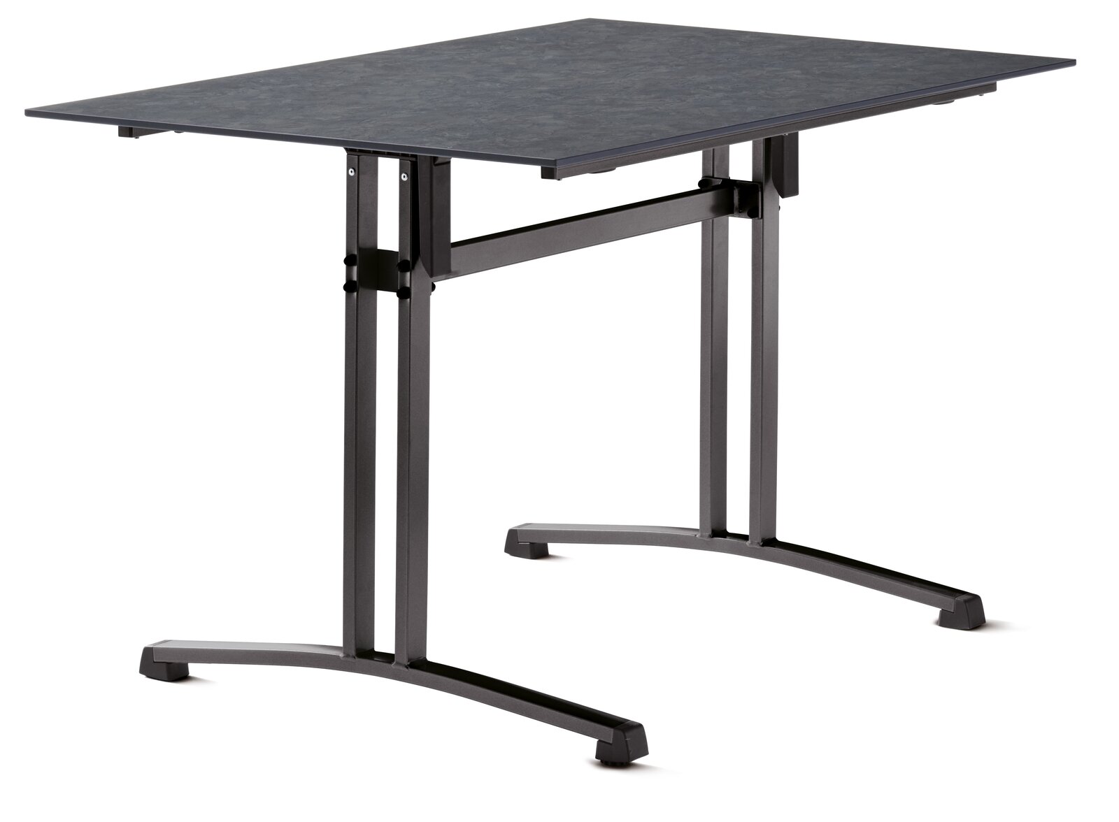 Moderner Gartentisch mit rechteckiger Tischplatte und stabilen Metallbeinen, seitliche Perspektive