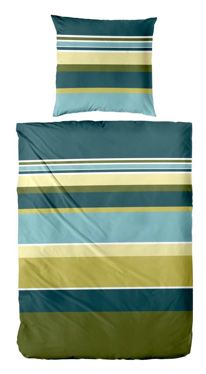 PrimeraMako Satin Bettwäsche 135/200cm SATIN Gestreifte Bettwäsche mit Kissenbezug in Petrol, Hellblau, Olivgrün und Creme, frontal von oben (Draufsicht) freigestellt auf weißem Hintergrund