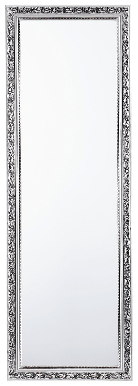 Rechteckiger Spiegel mit dekorativem Rahmen in Silberoptik, frontal abgebildet.