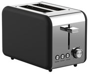 Schwarzer Toaster mit zwei Schlitzen, seitlicher Ansicht, mit Bedienelementen für Aufwärmen, Auftauen und Abbrechen sowie einem Drehknopf zur Einstellung der Bräunungsstufe.