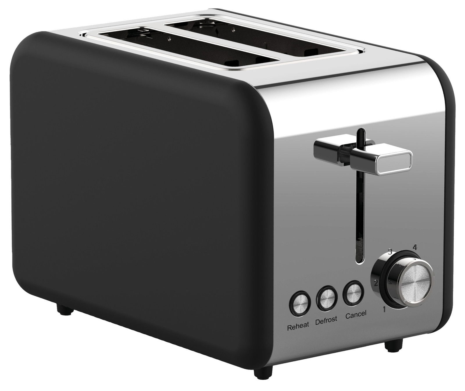 Schwarzer Toaster mit zwei Schlitzen, seitlicher Ansicht, mit Bedienelementen für Aufwärmen, Auftauen und Abbrechen sowie einem Drehknopf zur Einstellung der Bräunungsstufe.