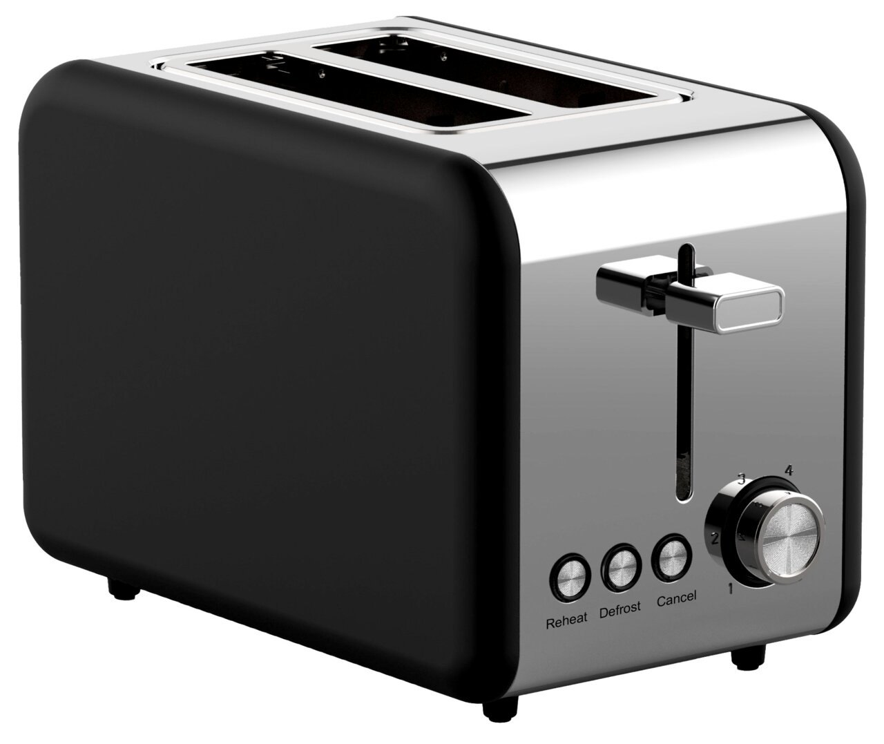 Schwarzer Toaster mit zwei Schlitzen, seitlicher Ansicht, mit Bedienelementen für Aufwärmen, Auftauen und Abbrechen sowie einem Drehknopf zur Einstellung der Bräunungsstufe.