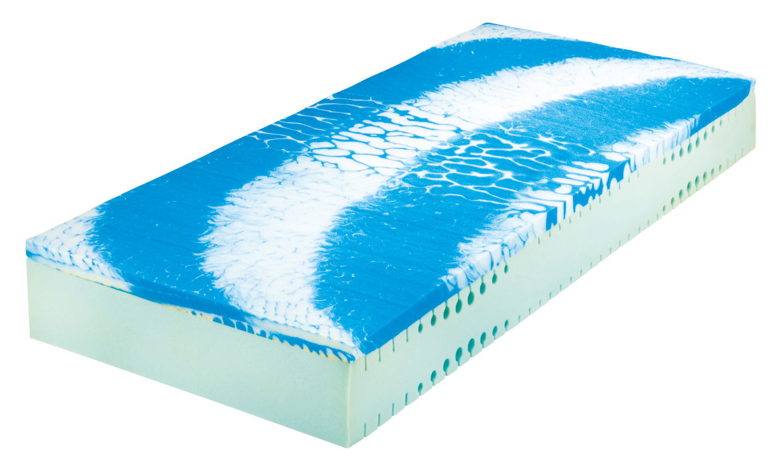 Kaltschaummatratze 90 x 200 cm mit blau-weißer Oberfläche, seitliche Perspektive