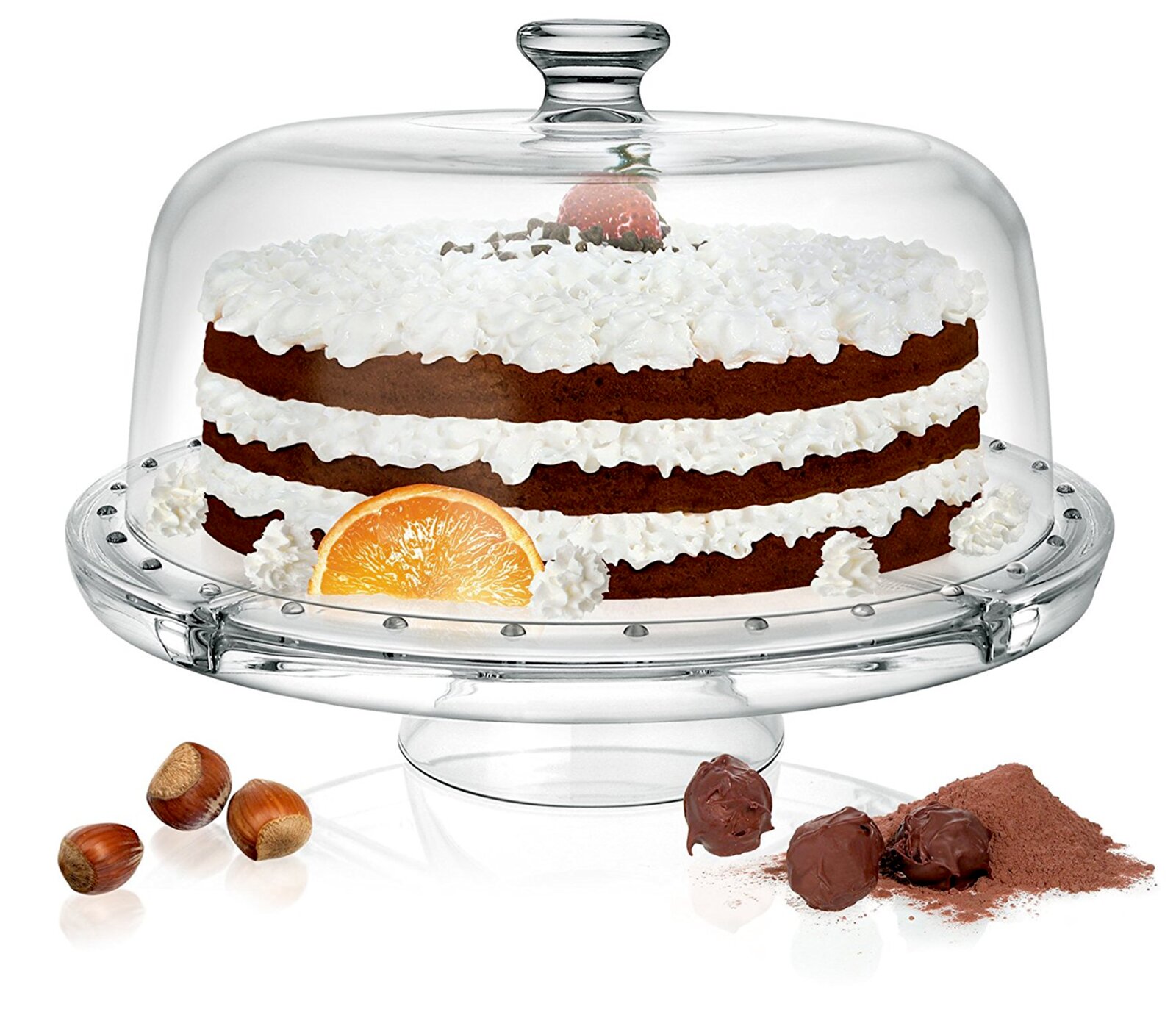 creaTable Servierbutler 2-tlg Transparente Glas-Kuchenplatte mit Fuß und Glashaube (Torten-Glocke) mit aufgesetztem Kuchen, frontal in leichter Seitenansicht auf weißem Hintergrund