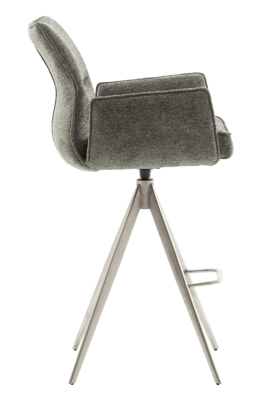 Moderner Barstuhl mit grauem Stoffbezug und Metallgestell, Seitenansicht