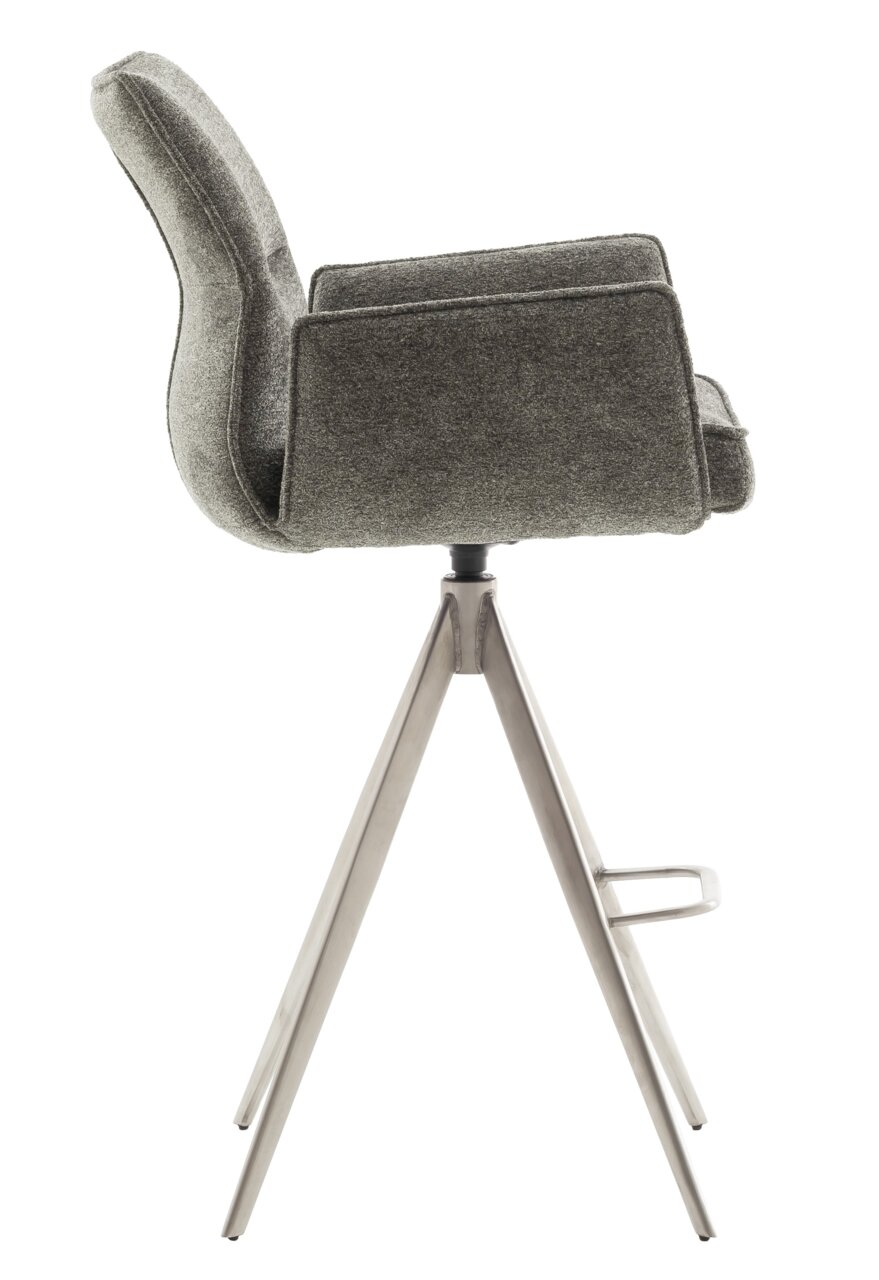 Moderner Barstuhl mit grauem Stoffbezug und Metallgestell, Seitenansicht