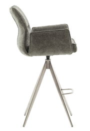 Moderner Barstuhl mit grauem Stoffbezug und Metallgestell, Seitenansicht