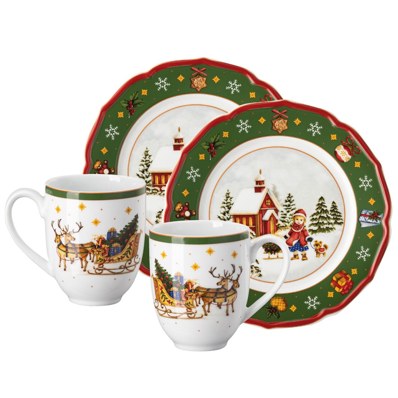 Kerstservies met twee kopjes en twee borden, versierd met winterse motieven zoals een slee met rendieren en een besneeuwd landschap. Perspectief: vooraanzicht.
