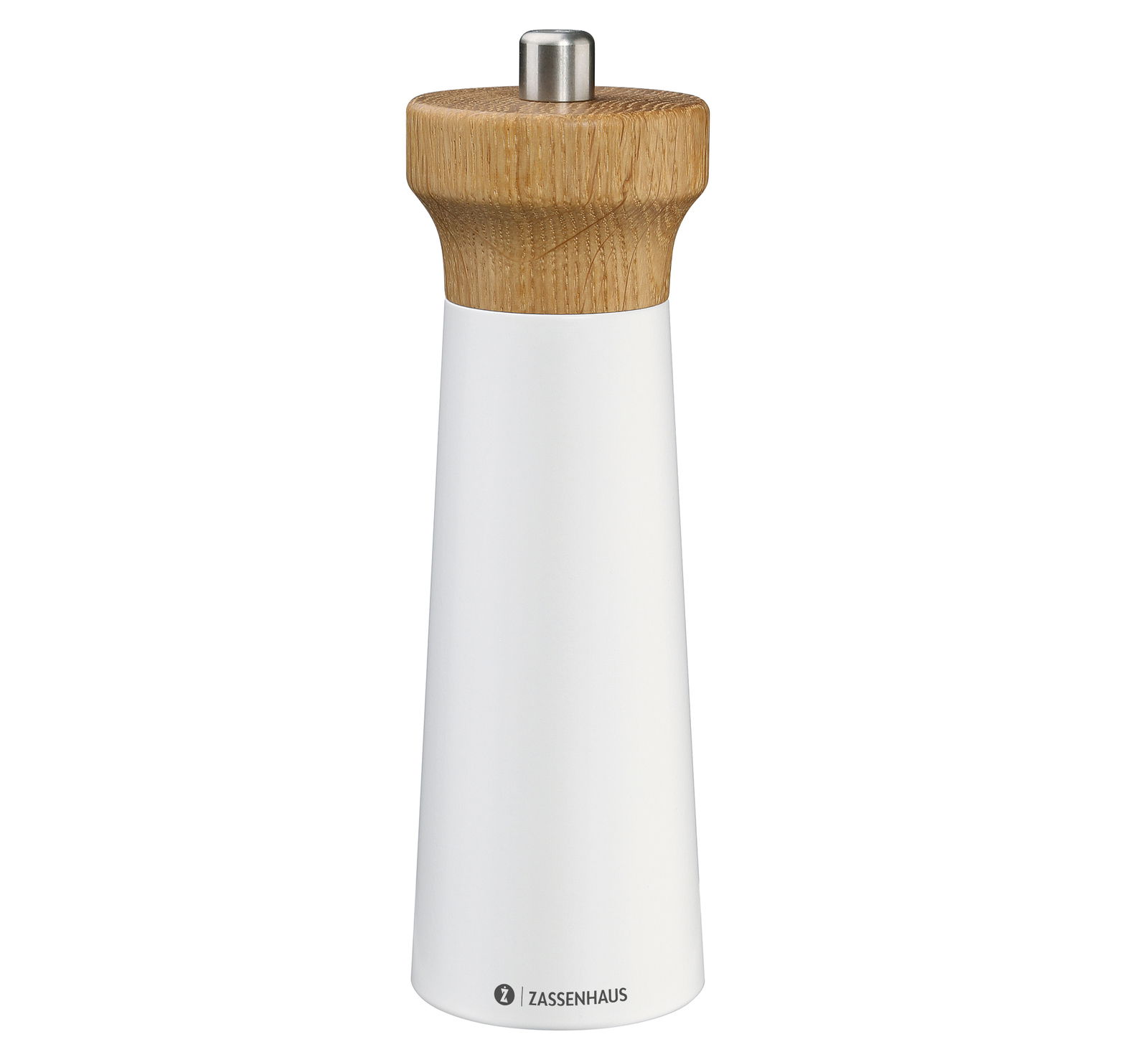 Salzmühle 18 cm weiß mit Holzdeckel, frontal