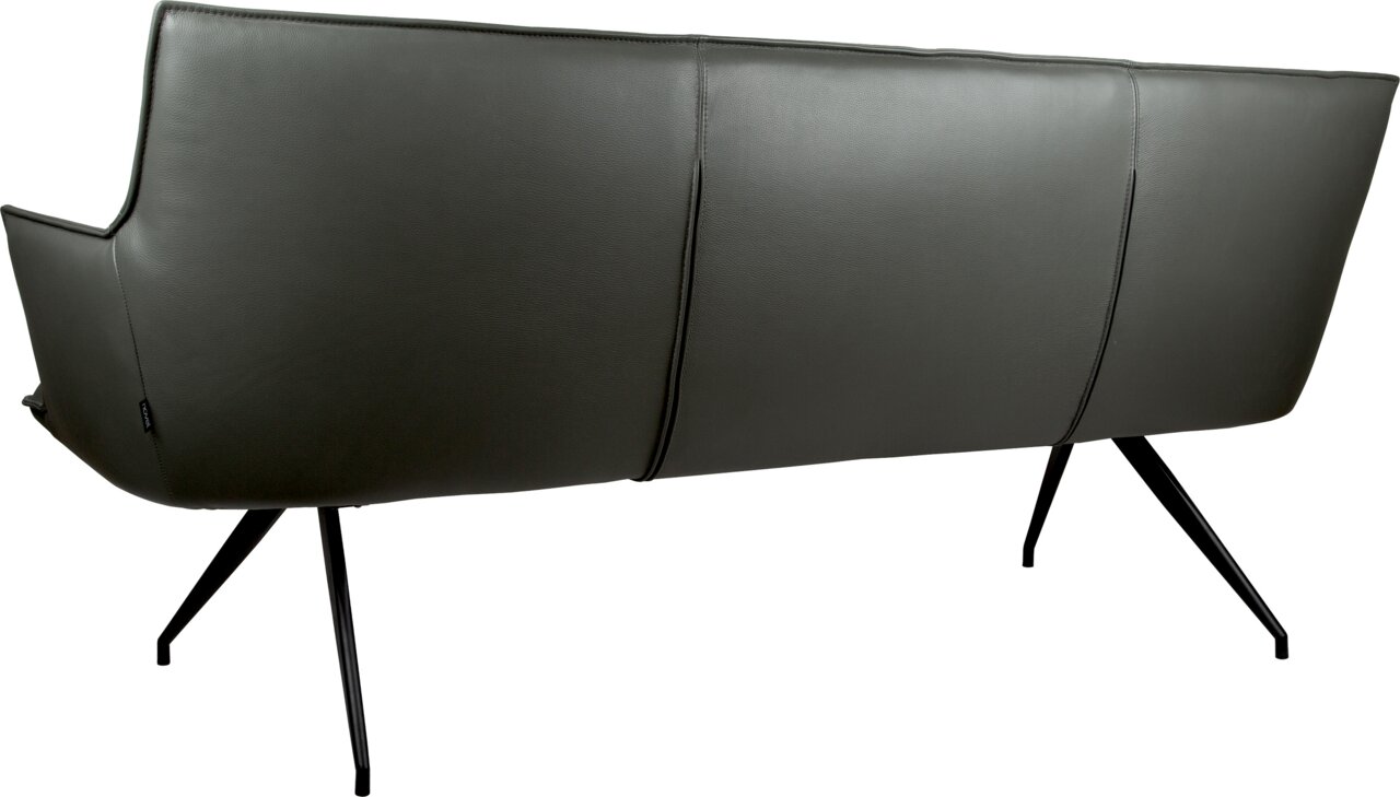 Rückansicht eines modernen 3-Sitzer-Sofas in dunkelgrauem Lederlook mit hoher Rückenlehne und schwarzen Metallbeinen, freigestellt auf weißem Hintergrund