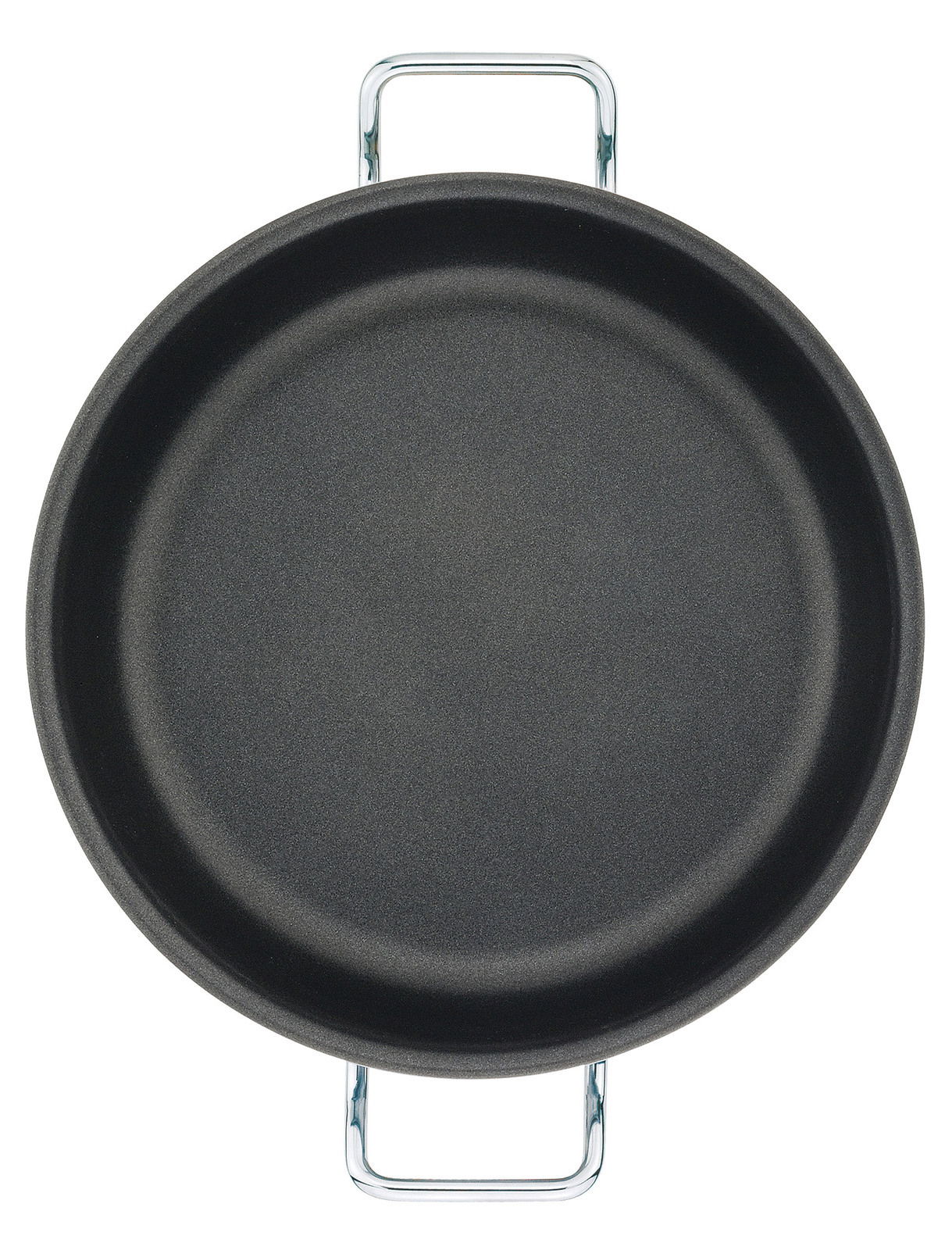 Vogelperspektive auf eine schwarze Servierpfanne XL CLASSIC mit zwei Griffen, 28 cm Durchmesser
