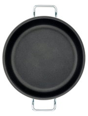 Vogelperspektive auf eine schwarze Servierpfanne XL CLASSIC mit zwei Griffen, 28 cm Durchmesser