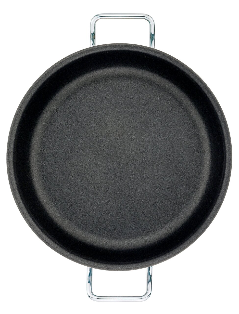Vogelperspektive auf eine schwarze Servierpfanne XL CLASSIC mit zwei Griffen, 28 cm Durchmesser