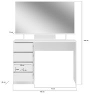 Weißer Schminktisch mit großem Spiegel, drei Schubladen auf der linken Seite, frontal betrachtet.