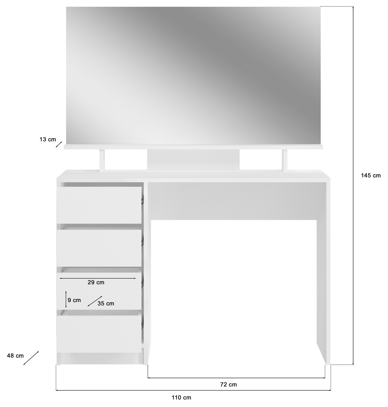 Weißer Schminktisch mit großem Spiegel, drei Schubladen auf der linken Seite, frontal betrachtet.