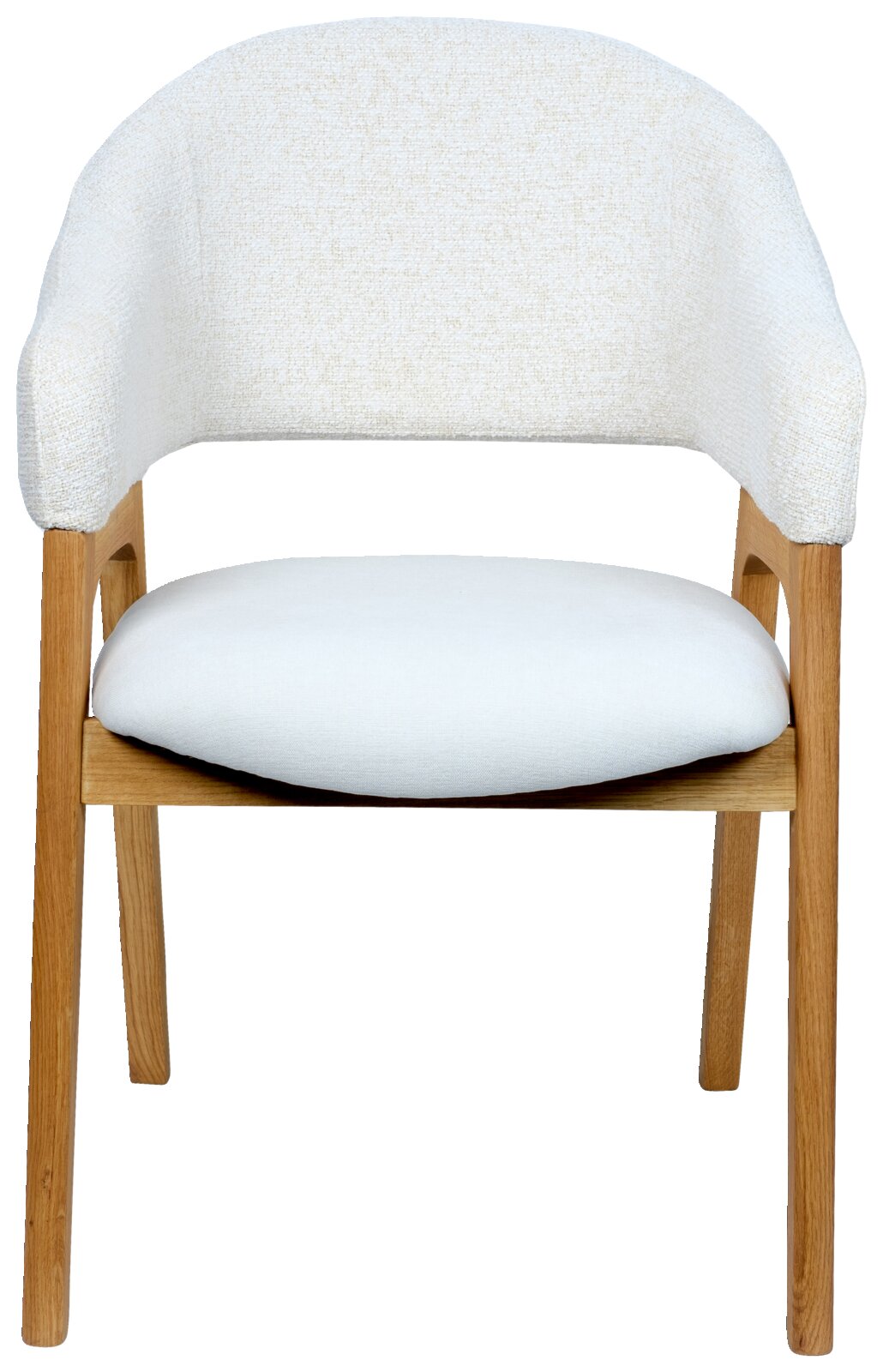 Moderne fauteuil met witte stoffen bekleding en houten frame, vooraanzicht