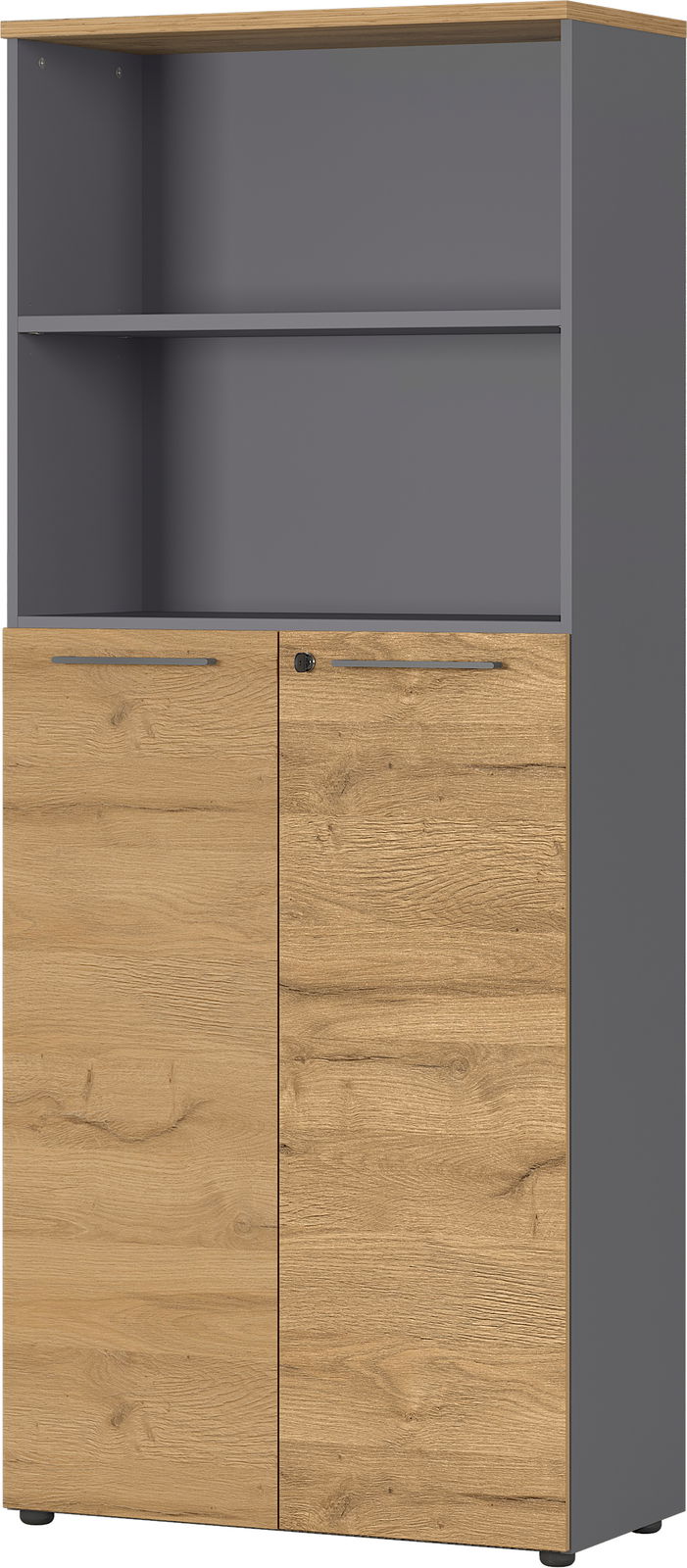 Aktenschrank mit zwei Holztüren und einem offenen Regal, Frontansicht
