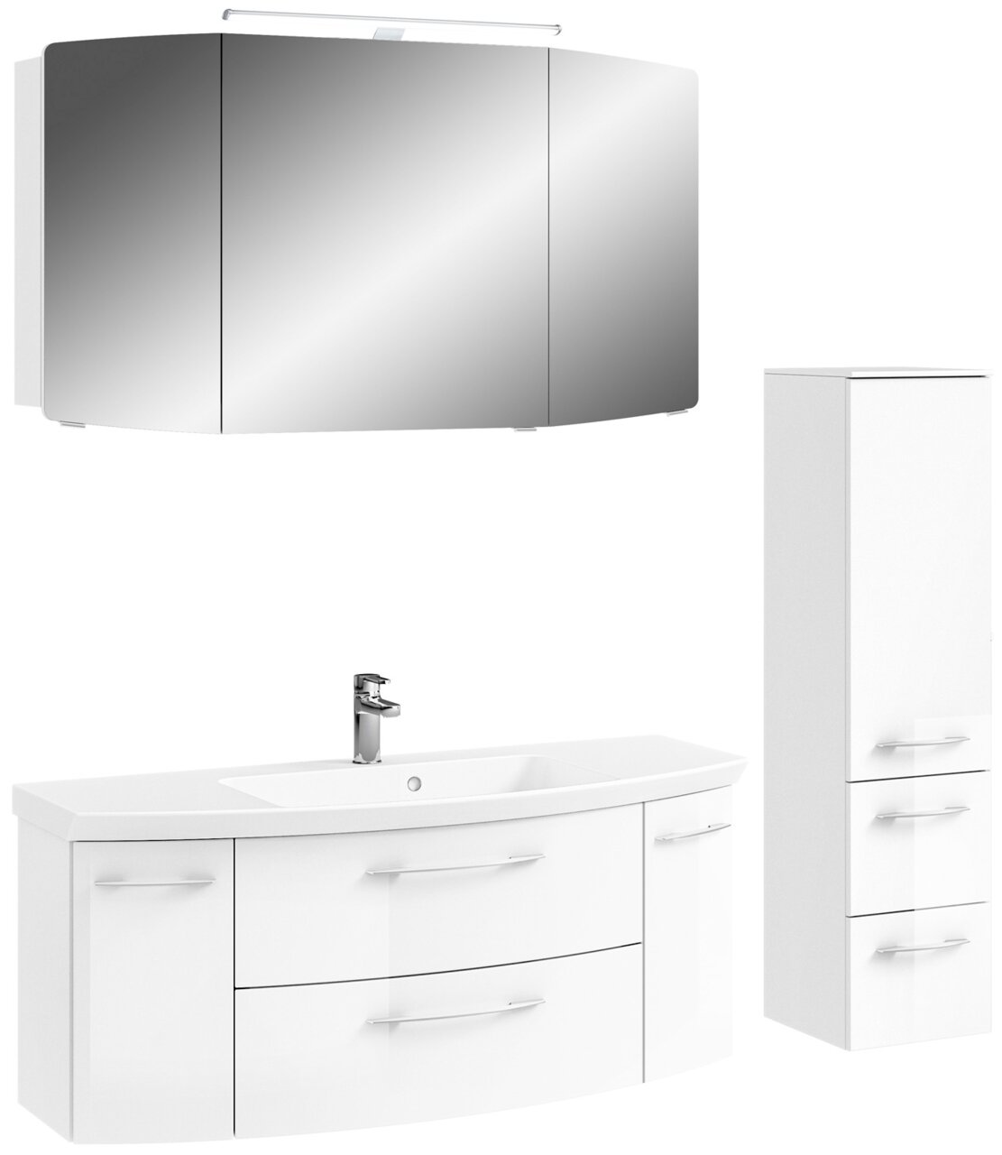 Pelipal Badkombination CASSCA SPRINT Moderne Badkombination mit Spiegelschrank, Waschbeckenunterschrank und hohem Schrank in weißer Hochglanzoptik, frontal betrachtet.